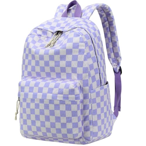 LEDAOU Backpack for Teen Girls Lightweight Kids Bookbag for Elementary Middle High School College Women Laptop Casual Daypack (Corduroy Purple White Checkered) - color: Corduroy Purple White Checkered