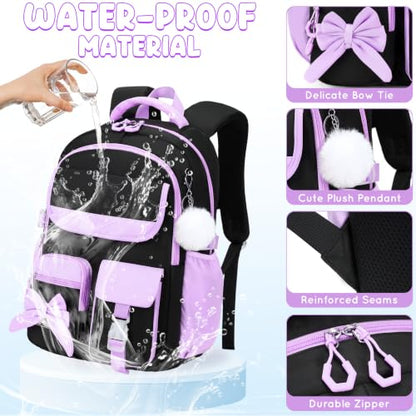 Kids Backpack for Girls, 3PCS School Backpack Set with Insulated Lunch Box & Pencil Case, Waterproof Lightweight Bookbag for Elementary & Middle School, Cute Bow Travel Daypack Black-Purple - color: Black-purple
