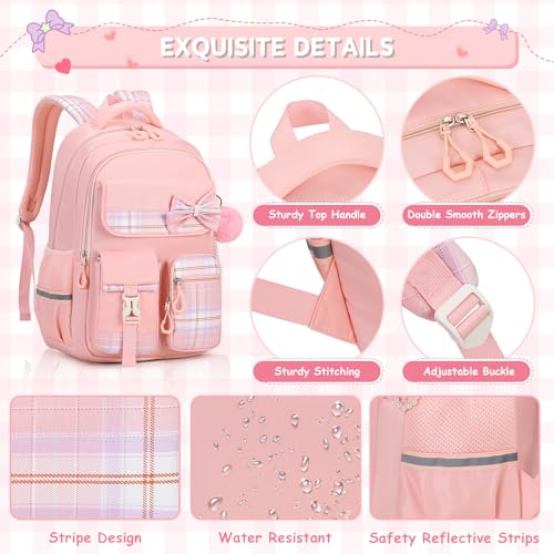 MOONBABY Girls Backpack, Kids Backpack for Girls School Bags with Lunch Bag & Pen Case, Bow Plaid Book Bag for Elementary Middle Primary High School College,Pink-3pcs - color: Pink Set