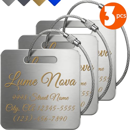 3PCS Personalized Engraved Aluminum Luggage Tags 2x2 Inch, Silver Custom Metal Travel ID Tags for Suitcase Backpack Bag Luggage Identifiers - color: Silver