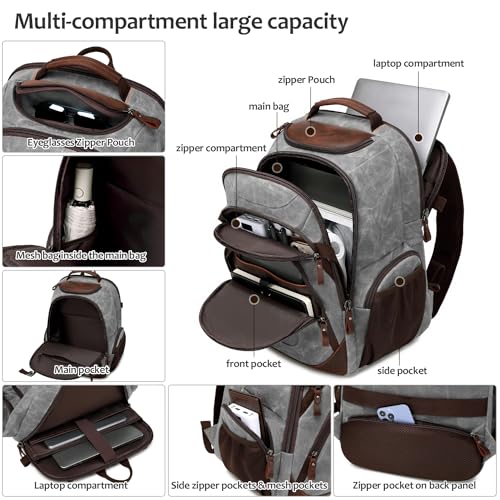 Travel Laptop Backpack 17.3 inch XL Computer Backpack for Men Waxed Canvas College Daypack Business Backpack Gray - color: Gray