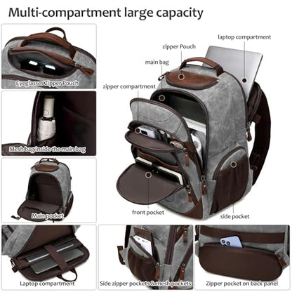 Travel Laptop Backpack 17.3 inch XL Computer Backpack for Men Waxed Canvas College Daypack Business Backpack Gray - color: Gray