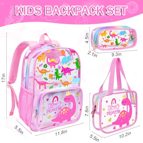 SHPMXUPW 3PCS Clear Pink School Backpack for Kids - Dinosaur Backpack for Girls 4-8, Heavy Duty Transparent Pink Bookbag with Lunch Bag and Pencil Case - See Through PVC Transparent Bookbag - color: Pink-Dinosaur