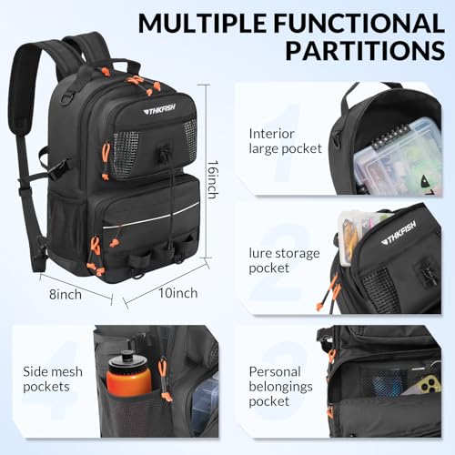 THKFISH Fishing Backpack with Tackle Boxes, 20L Waterproof Tackle Sling Bag with Lures Kit, Fish Lip Gripper, Pliers, Scissors, Fishing Gifts for Men Women - color: Black Fishing Backpack with Tackle Boxes