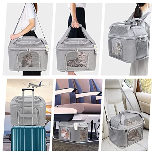 Large Cat Carrier for 2 Cats, Soft Side Pet Carrier for Cats Small Dog, Collapsible Travel Dog Carrier Bag TSA Airline Approved Dog Carrier Backpack,Grey
