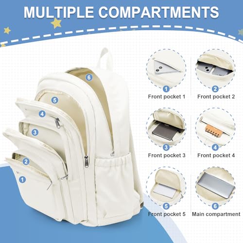weradar School Backpack For Women Men, Lightweight Casual Daypack College Backpacks, Aesthetic Students Bookbag, Backpack With Lots Of Pockets,Cute High School Bag For Boys Girls(Beige) - color: White