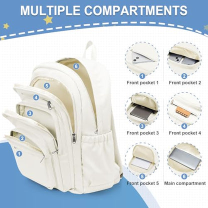 weradar School Backpack For Women Men, Lightweight Casual Daypack College Backpacks, Aesthetic Students Bookbag, Backpack With Lots Of Pockets,Cute High School Bag For Boys Girls(Beige) - color: White