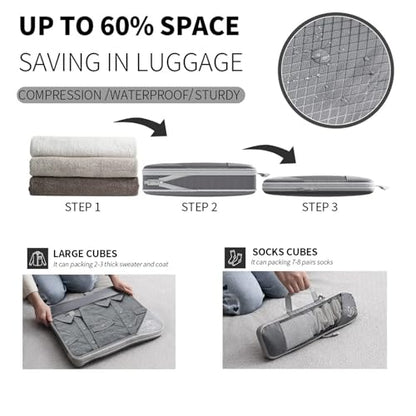 9-Set Packing Cubes with Hanging Bag | 9-Size Combination, Mesh Fabric & Reflective Stripe | Travel Luggage Organizers (Grey) - color: Grey