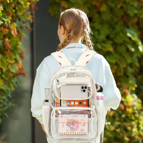 Bluboon Clear Backpack Heavy Duty Kids Boys Clear Bookbag See Through Backpacks with Pencil Case for College Work (Transparent Strawberry) - color: Transparent Strawberry
