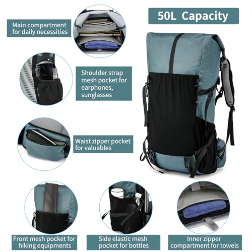 Hiking Backpack,40L to 50L Extra Large Capacity Hiking Bag,Internal Frame Camping Backpack,Upgraded X-PAC Lightweight Sport Daypack Travel Backpack Fit For Mountain Climbing Camping(Grey Green) - color: Grey Green