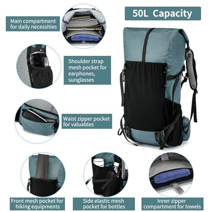 Hiking Backpack,40L to 50L Extra Large Capacity Hiking Bag,Internal Frame Camping Backpack,Upgraded X-PAC Lightweight Sport Daypack Travel Backpack Fit For Mountain Climbing Camping(Grey Green) - color: Grey Green
