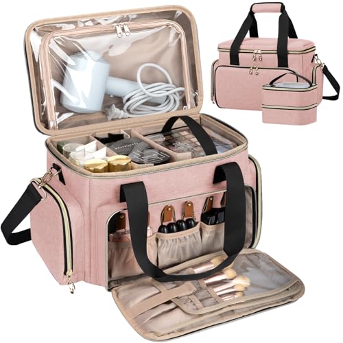 GDNasist Large Makeup Bag, Portable Travel Makeup Bag Organizer for Women Girls with 2 Removable Pouches & Detachable Dividers, Cosmetic Travel Bag, Toiletry Bag for Makeup and Hair Supplies Pink - color: Pink