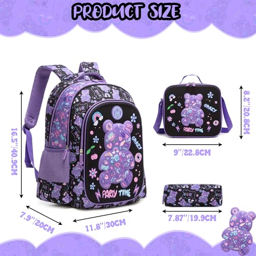 School Backpack for Girls Backpack for Girls with Lunch Box Set Cute Bear Kids Bookbag Elementary Kids Backpack for Girl Lightweight Travel Daypack Back to School - color: Purple Bear