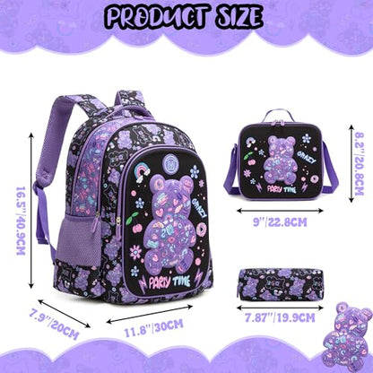School Backpack for Girls Backpack for Girls with Lunch Box Set Cute Bear Kids Bookbag Elementary Kids Backpack for Girl Lightweight Travel Daypack Back to School - color: Purple Bear