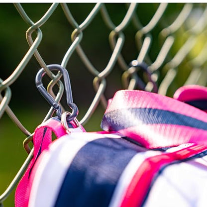 Cute Prepster Pickleball Bag for Women with Fence Hook, Tote with Pockets for Water Bottle, Paddles, Balls, Accessories - color: Navy Stripe/pink