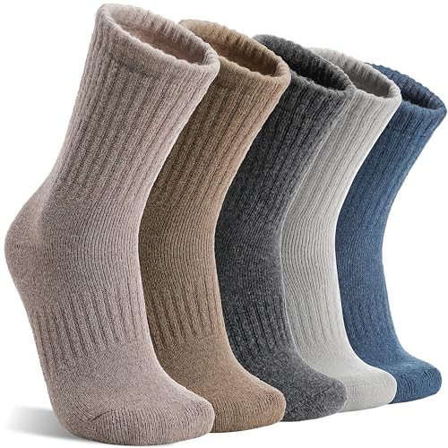 MOGGEI 5 Pairs Womens Merino Wool Socks Hiking Warm Winter Thick Thermal Crew Cozy Cabin Ladies Gift Comfy Boot Work Socks - color: Khaki/Coffee/Gray/Blue