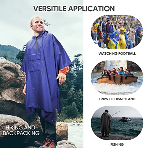 PTEROMY 3-in-1 Hooded Rain Poncho for Adult with Pocket, Waterproof Lightweight Unisex Raincoat for Hiking Camping Emergency - color: Blue 1/4 Zipper