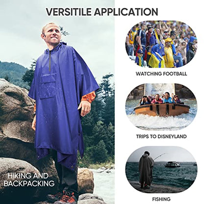 PTEROMY 3-in-1 Hooded Rain Poncho for Adult with Pocket, Waterproof Lightweight Unisex Raincoat for Hiking Camping Emergency - color: Blue 1/4 Zipper