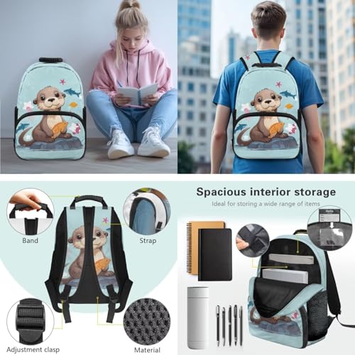 JEOCODY Cute Sea Otter Backpack for Girls Kids School Bag with Lunch Bag Pencil Case and Water Bottle Holder Casual Daypack for Travel Hiking, Back to School Accessories - color: Blue Sea Otter
