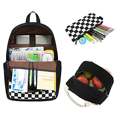 CAMTOP Girls Backpack with Lunch Box Set, Cute Bow School Backpack for Kids, 3-in-1 Lightweight Lunch Bag and Pencil Pouch - color: Black White Grid