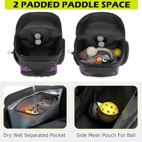 HAMBOLY Premium Pickleball Bag for Men & Women — Large Pickleball Backpack with Padded Paddle Pocket & Shoe Compartment, Tournament Ready with Insulated Cooler & Fence Hook - color: Dark Grey + Purple