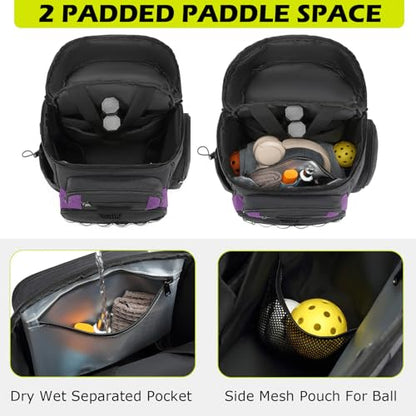 HAMBOLY Premium Pickleball Bag for Men & Women — Large Pickleball Backpack with Padded Paddle Pocket & Shoe Compartment, Tournament Ready with Insulated Cooler & Fence Hook - color: Dark Grey + Purple