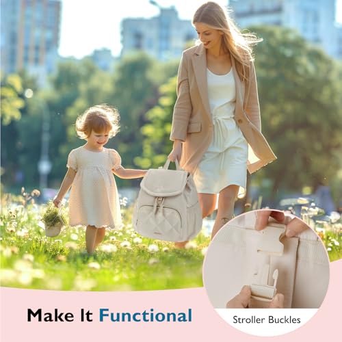 mommore Diaper Bag Backpack, Small Diaper Backpack for Travel, Drawstring Puffer Diaper Bag, Lightweight Quilted Baby Bag with Stroller Straps, Changing Pad - color: Drawstring-beige