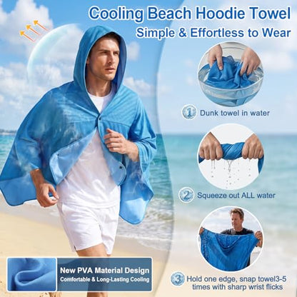 Cooling Hooded Beach Towel Cloak for Men Women - Double Layer PVA Fabric Cool Towel Cape, Instant Cooling Soft Ice Towelfor Beach Yoga Camping (Blue) - color: Blue