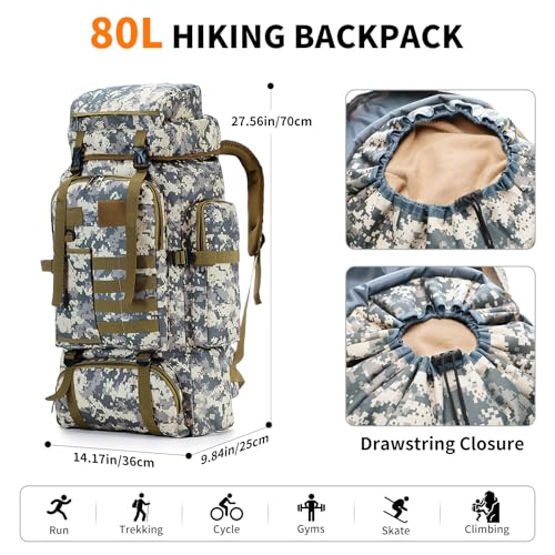 Hiking Backpack Tactical Backpack for Men Women, 80L Military Backpack Rucksack Waterproof Large Travel Camping Backpack for Men, Molle Rucksack Outdoor Travel Cycling Daypack (City Camo) - color: City Camo