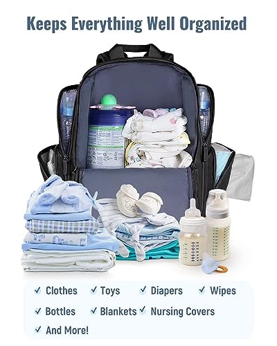 Mancro Diaper Bag Backpack, Multifunctional Dad Diaper Bag with 2 Side Insulated Pockets, Travel Water Resistant Baby Diaper Backpack for Men Women with Stroller Straps, Black - color: Black, size: Large