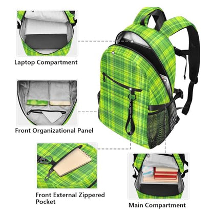 ALAZA Lime Green Plaid Pattern Backpack for Women Men, 23L Water Resistant Twill Daypack with 14 Inch Laptop Compartment, Wide Open Aesthetic School Bag for Travel Work