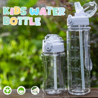 OLDLEY 12oz Kids Water Bottle, Tritan BPA-Free, Leakproof Flip Straw Lid, Motivational Time Marker, Carry Strap, Reusable Clear Water Bottle for Boys & Girls,Clear - color: Clear, style: 12 Ounces
