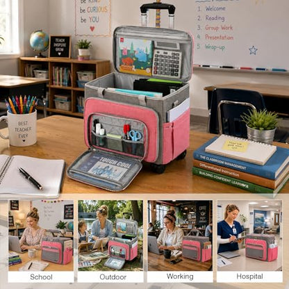 Rolling Teacher Bag With Wheels, Tote Organizer With Detachable Trolley - color: pink, size: 5 Wheels