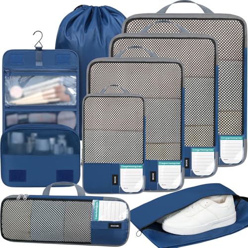 BAGAIL 4 Set/6 Set/8 Set Compression Packing Cubes Travel Accessories Expandable Packing Organizers(HalfMesh,8-Navy) - color: 8-Navy, style: Half Mesh