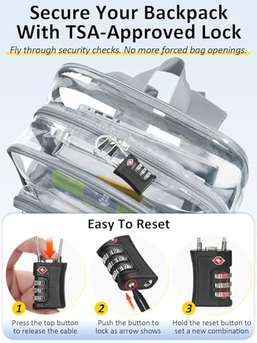 Clear Backpack Heavy Duty With A TSA Lock, 18 Inch Large Clear Back pack, Transparent See Through Bookbag for College, Work, Travel, Sport- Light Grey - color: Grey