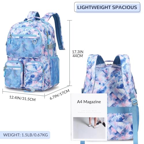 Lohol Multi-Pocket Backpack for School College Travel, Heavy Duty Big Bookbag with 15.6 inch Laptop Compartment (Blue Pink Tie-Dye - color: Blue Pink Tie-dye