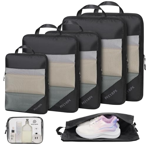 PFEYRPK Lightweight Compression Packing Cubes for Suitcases, Compressible Expandable Travel Packing Organizer with Clear Toiletries and Backpack Bag, Travel Essentials for Carry on Luggage 7 Set - color: Mesh/Black, size: 7 Set