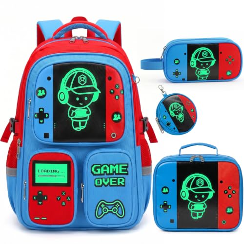 Boys Backpack, Luminous Gamer Backpack for Boys with Lunch Box,Pencil Case and Coin Puese,Kids Schoolbag Bookbag for Teen Boy Elementary Middle High School Travel(Red-Blue) - color: Red-blue