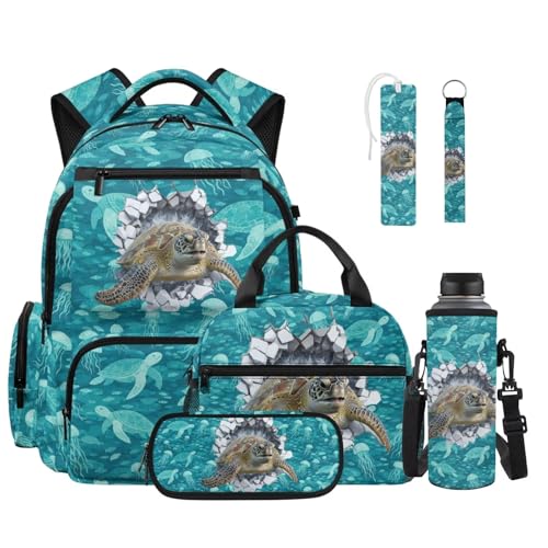 Talayituse 3D Turtle Jellyfish Print 6 Pcs Backpack Set Travel Bag Portable Bookbag Large Capacity Backpacks Schoolbag with Lunch Box Pencil Case Water Bottle Holder, Bookmark & Keychain - color: 3d Turtle Jellyfish