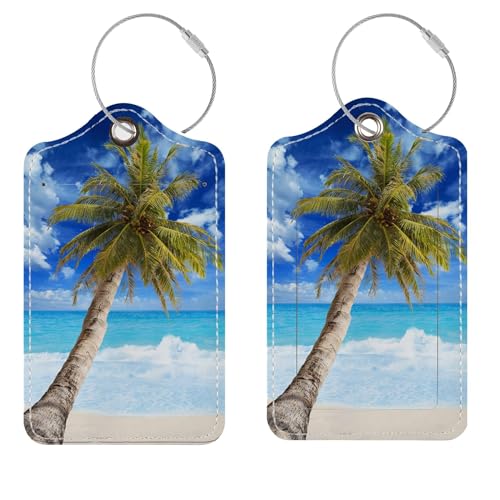 Luggage Tags for Suitcases, 2 Pack Cute PU Leather Suitcase Tag Identifiers TSA Approved with Stainless Steel Loop and Address Card for Baggage Tag for Cruise Airport Travel Essentials by Chelmon - color: 01 Beach