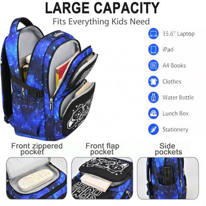 3PCS Kids Backpack Set, School Backpack with Lunch Bag & Pencil Case, Lightweight Waterproof Bookbag for Kids (Gamer Starry Blue) - color: Gamer Starry Blue