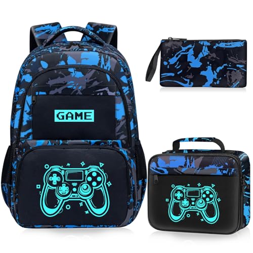 Glow in The Dark Backpack for Boys - 3pcs Game Boys Backpack for Kids Children Teens Elementary Middle School - 17″ Gamer Bookbag Travel Back Pack for Age 6-18 - color: Game002-backpack Set