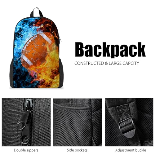 Football Backpack Set for School,17 Inch Casual School Bags with Lunch Box, Kids Daypack Bags and Pencil Case Set for Teens Boys Men Students - color: Ice&fire-football