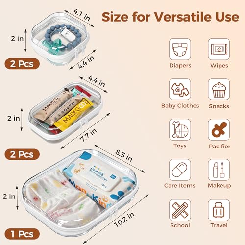5 Pack Diaper Bag Organizer Pouches, Clear Hard Shell Zipper Cases for Baby Travel Essentials, Waterproof Storage Box for Pacifier Snacks Toys Wipes Clothes, Makeup Bag, Lego Toy Storage, Toiletry Bag - size: 1M+2S+2XS