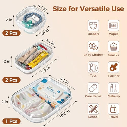 5 Pack Diaper Bag Organizer Pouches, Clear Hard Shell Zipper Cases for Baby Travel Essentials, Waterproof Storage Box for Pacifier Snacks Toys Wipes Clothes, Makeup Bag, Lego Toy Storage, Toiletry Bag - size: 1M+2S+2XS
