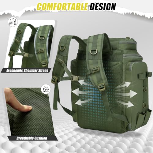 HAMBOLY Fishing Backpack 45L with Rod Holders, Water-Resistant Tackle Backpack for Fishermen, Large Capacity Fishing Gear Bag for Travel Hiking Camping - color: Army Green (4 Tackle Boxes Included)