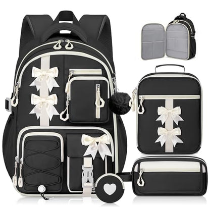 Girls Backpack with Lunch Box Set, 4 PCS Cute Kawaii School Bookbag for Elementary Girls, Black Aesthetic Large Laptop Backpack for Kids & Teens - color: Black