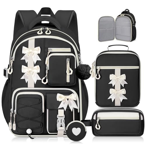 Girls Backpack with Lunch Box Set, 4 PCS Cute Kawaii School Bookbag for Elementary Girls, Black Aesthetic Large Laptop Backpack for Kids & Teens - color: Black