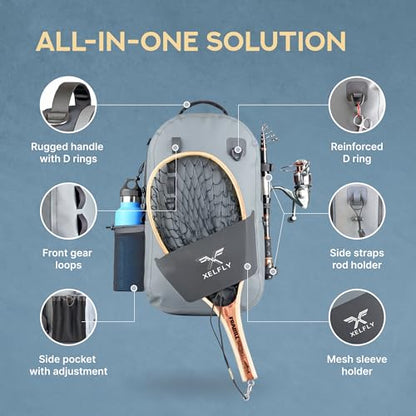 Xelfly - Waterproof Fishing Backpack with Rod Holder, Inflatable Air Valve, Padded Waist Straps & Gear Loops - Submersible Zipper, Rugged Top Handle, Adjustable Attachments (Gray) - color: Gray, size: Fishing Backpack