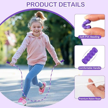 Jump Rope for Kids, Adjustable Jump Ropes for 4 5 6 7 8 10 12, Tangle Free Jumping Rope Age 8-12, Segmented Soft Beaded Skipping Rope for Women Fitness - color: Pink and Purple